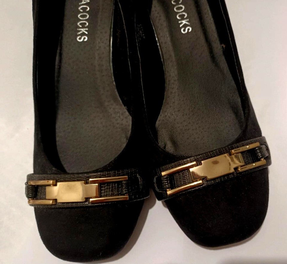 Lovely Black Suede Shoes With Gold Detail Front And Heels eBay