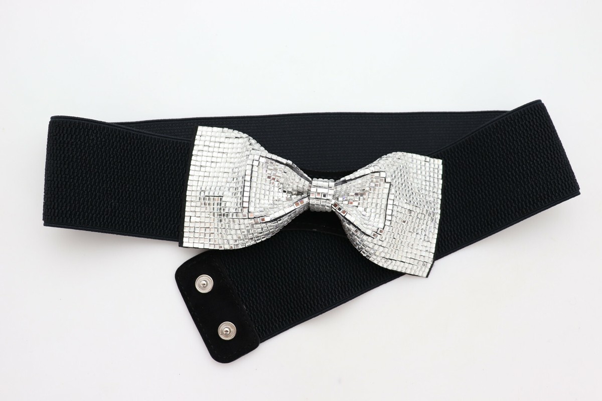 3924 Women Black Elastic Fashion Belt- Waistband Silver Circle Holidays Embellished Elastic Waist Belt - Black | Boston Proper main image 2