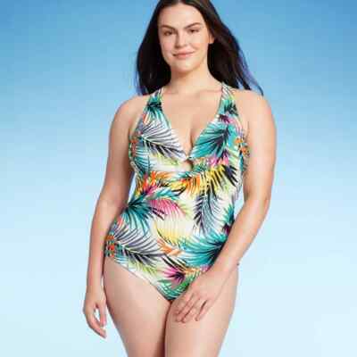 Shade & Shore Women's Plunge Ring Detail One Piece Swimsuit Tropical Print Large