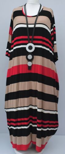 PLUS SIZE BLACK/BEIGE/RED STRIPED PATTERNED JERSEY BALLOON DRESS UK Size 26-30 - Picture 1 of 6