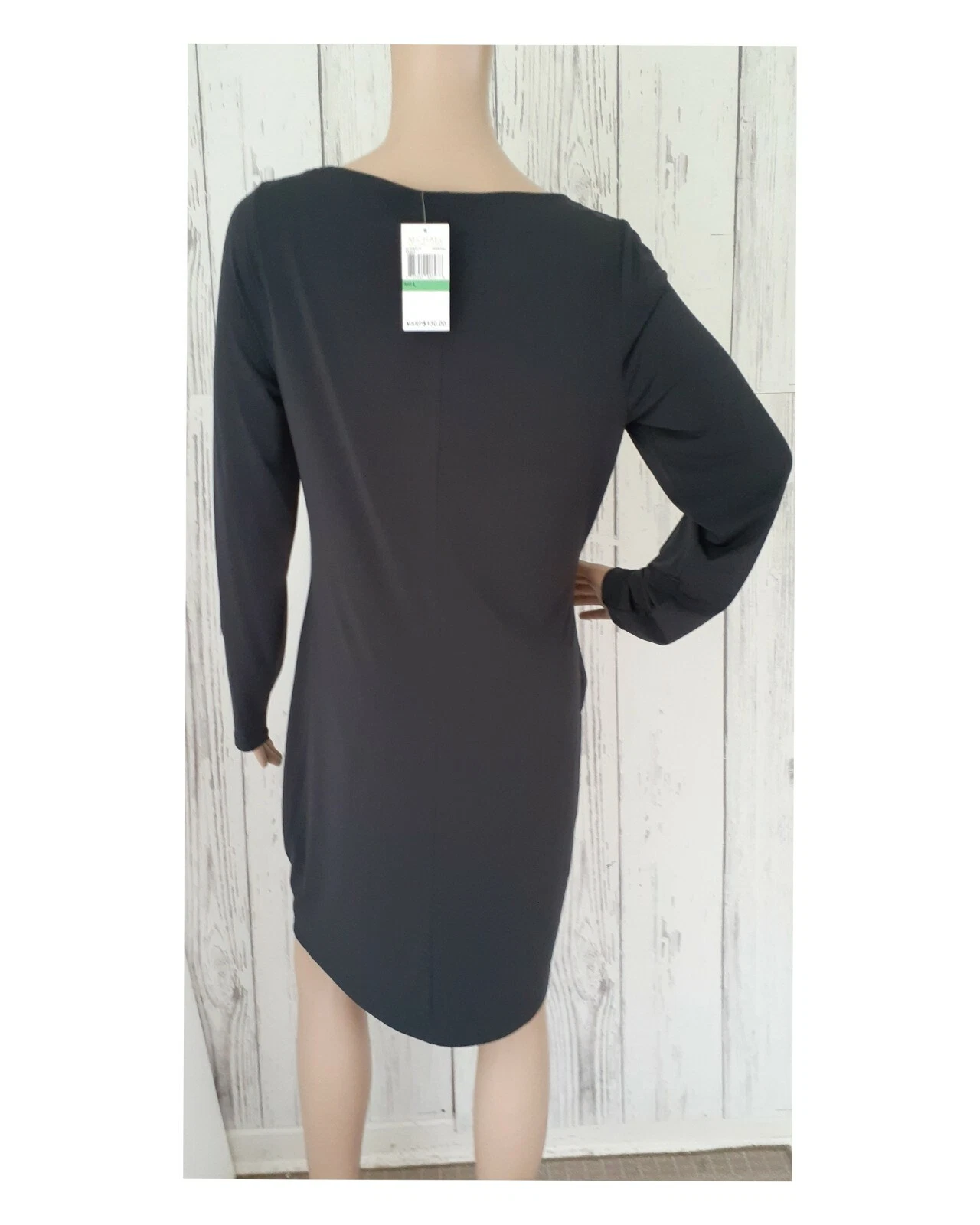 Abito Michael Kors grigio antracite manica lunga attorcigliato nodo O ring elasticizzato L $130
