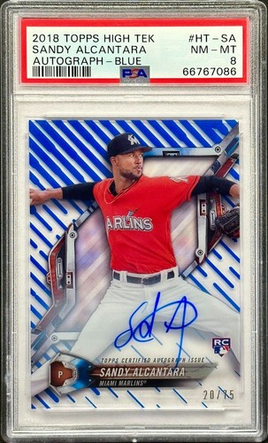 2018 Topps High Tek Sandy Alcantara Blue Refractor Auto RC SP 20/75 #HT-SA PSA 8