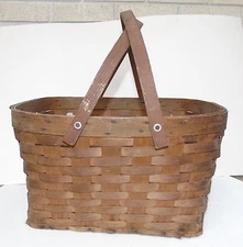 Vintage Primitive Picnic Gathering Basket Splint Oak Swivel Handles