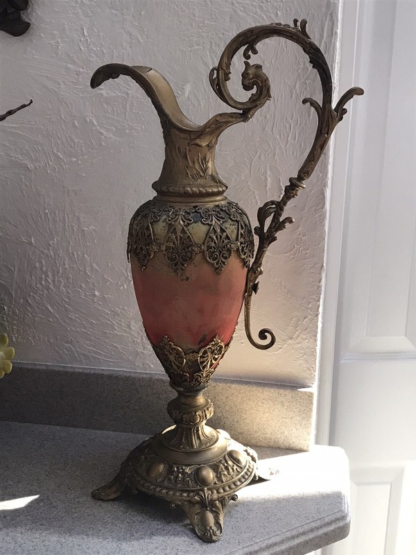 Spooky! Vintage decorative urn ornate metal gold and orange