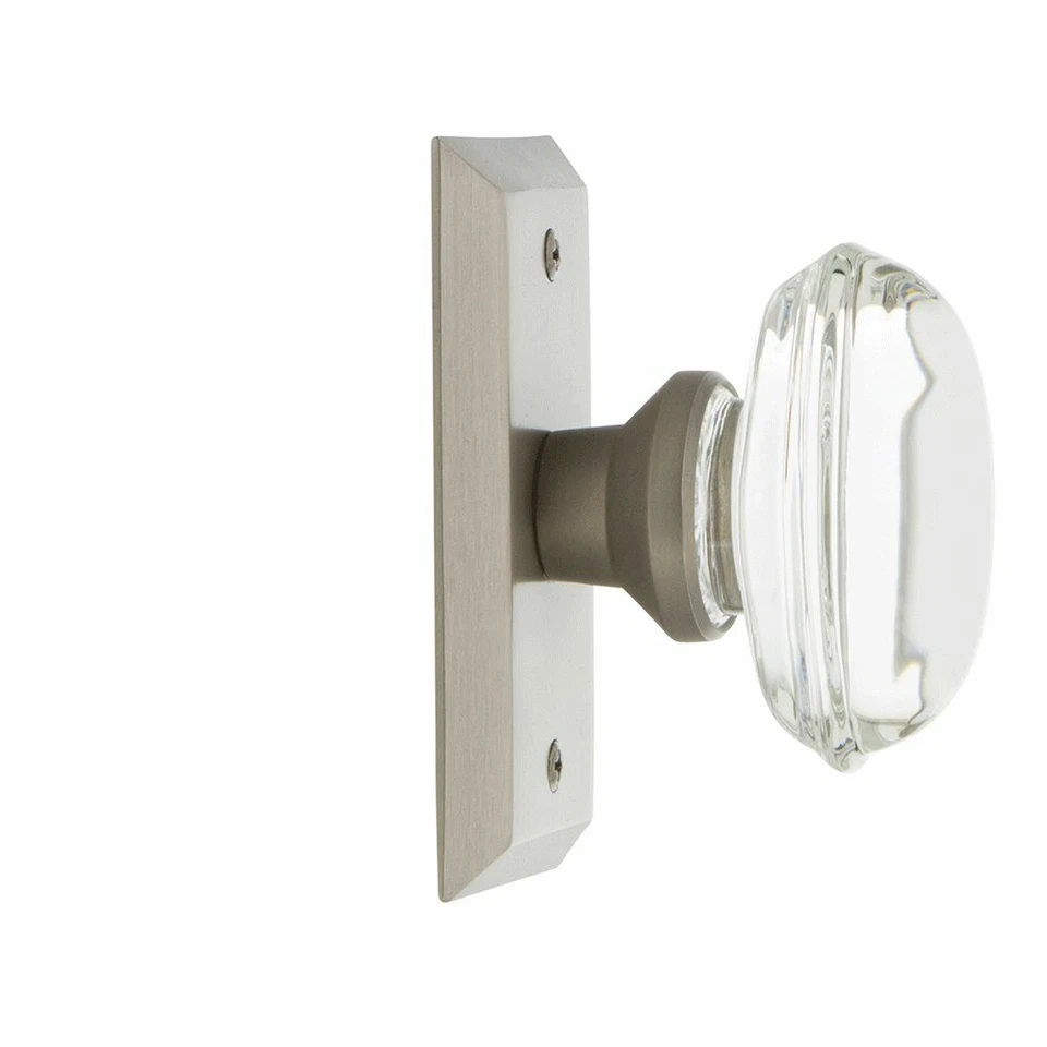 Placa de estudio de paso con perilla de cristal transparente ovalada en níquel satinado, manija de puerta Foto 2 de 4