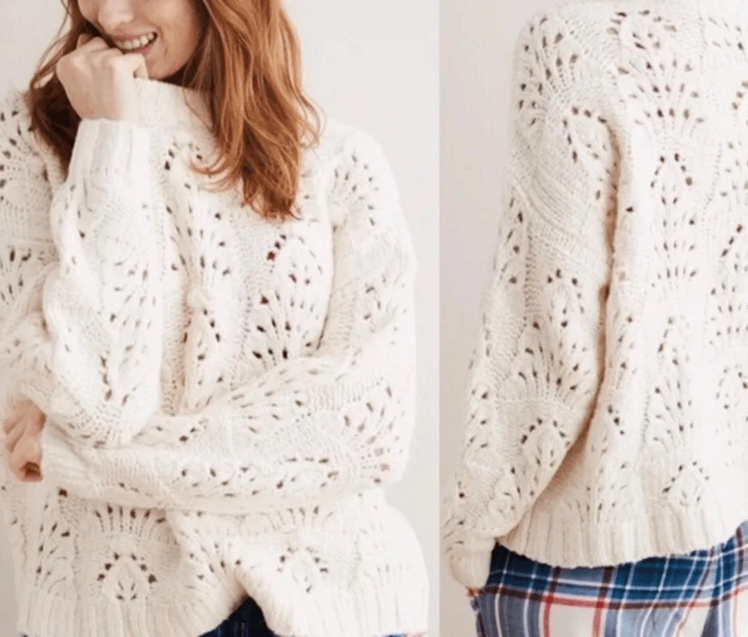 Aerie Cream Pointelle Chunky Knit Sweater Women s Size S eBay