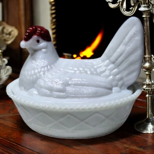 Vintage Westmoreland White Milk Glass Hen On Nest With Red Comb Candy Dish 5.5"