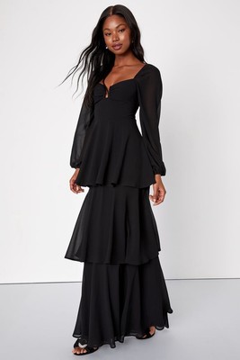 Lulus Tier to Enchant Black Long Sleeve Tiered Maxi Dress Medium NWOT