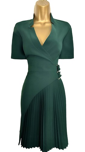 NEW KAREN MILLEN UK 14 MILITARY PLEATED WRAP BUCKLE DRESS FOREST GREEN - Picture 8 of 9