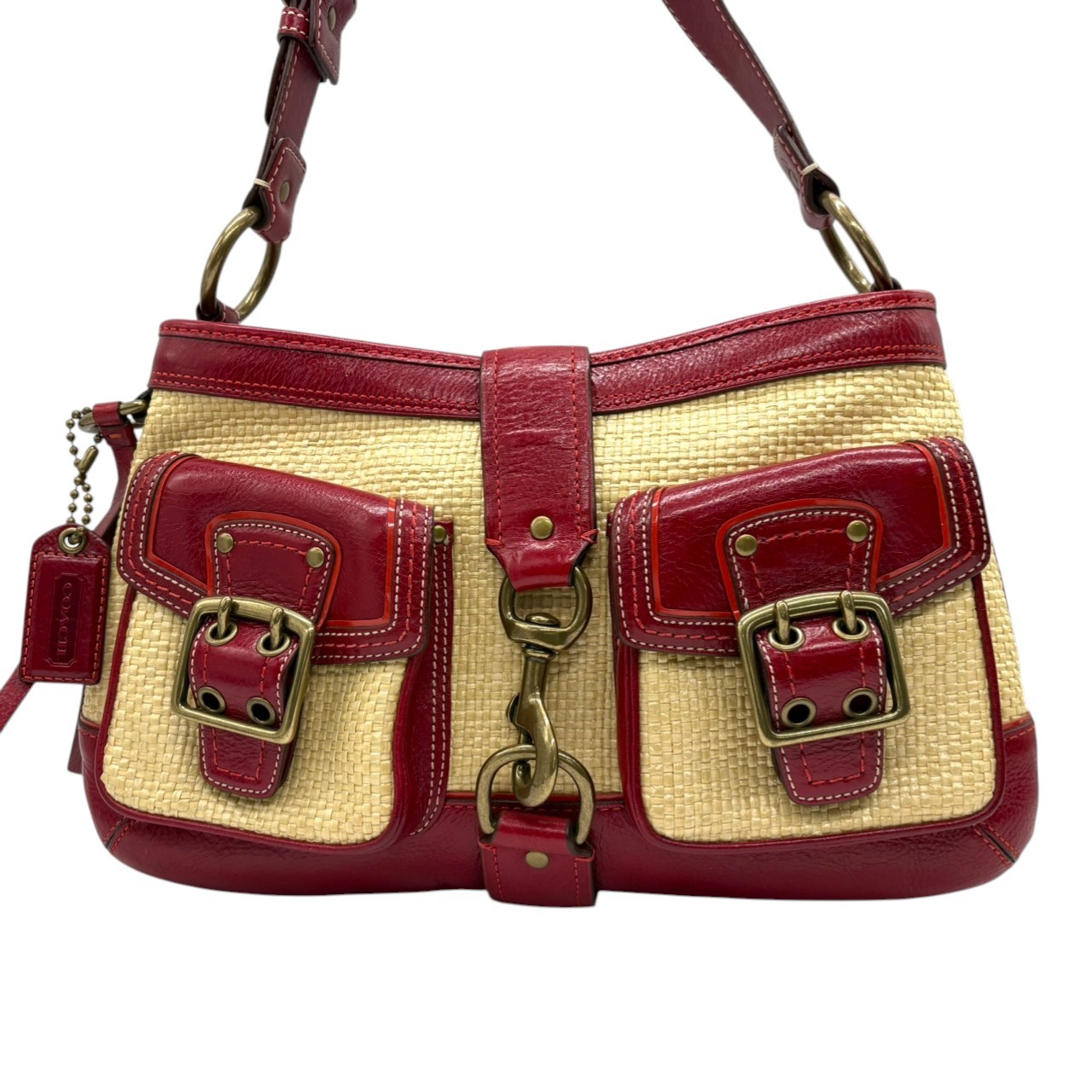 Authentic COACH Straw Leather Shoulder Handbag Beige Red Summer Gold HW P thumbnail 2