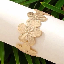 Gold Tone Floral Cuff Bracelet Women’s Wide Flower Statement Jewelry Boho Chic