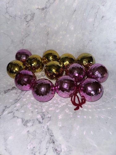 13 Vintage Bradford Plastic Disco Ball Christmas Ornaments Pink and Gold - Picture 9 of 9