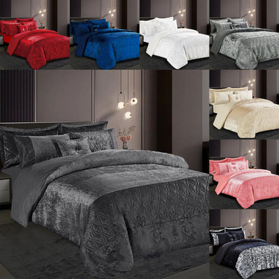 Crushed Velvet Bettbezug Set Luxus Bettwäsche Double King Size Quilt & Kissen