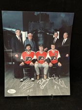 FLYERS LCB LINE BOBBY CLARKE BILL BARBER REGGIE LEACH SIGNED 8X10 JSA COA