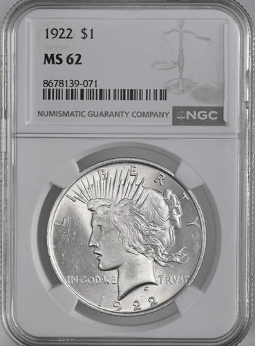 1922-P  $1 PEACE SILVER DOLLAR  "PHILADELPHIA MINT"  NGC MS62 #8678139-071