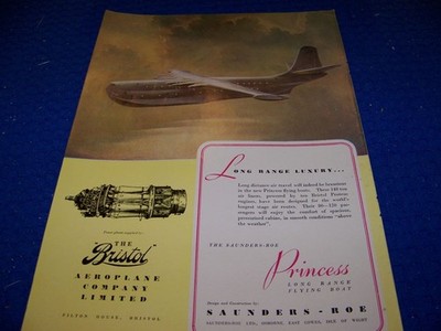 1950 SAUNDERS ROE SR.45 PRINCESS ''BRISTOL ENGINES'' 1-PAGE SALES AD (694RR)