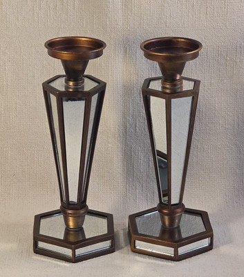 2 Contemporary Mirrored Candle Holders Bronze Tone Geometric Art Deco Style