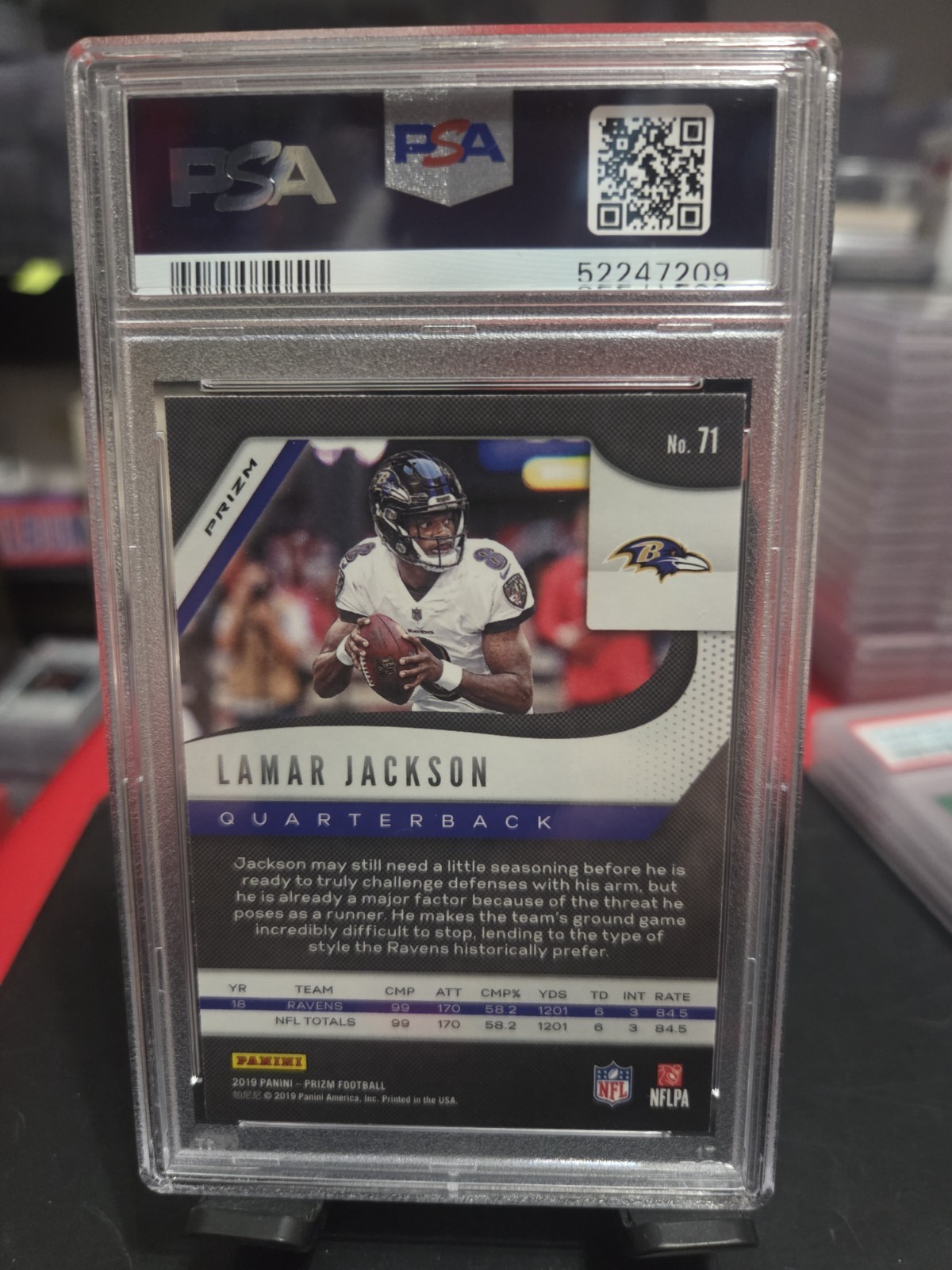 Panini 2019 Prizm Lamar Jackson #71 Lazer Prizm PSA 10 Baltimore Ravens view 2