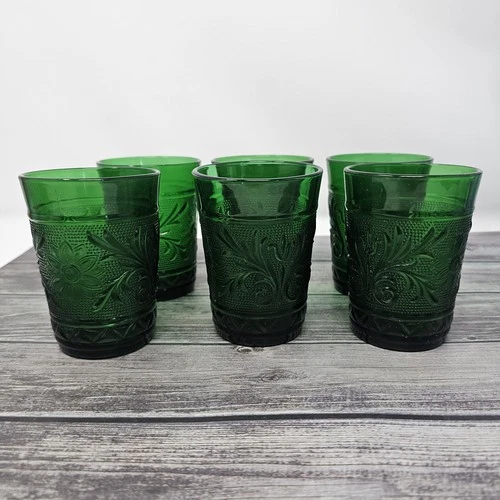 Vintage Anchor Hocking Forest Green Sandwich Pattern Juice Glasses (6) 5 oz.
