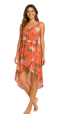 O Neill Floral High Low Dress M Orange Sleeveless Boho Tulip Hem