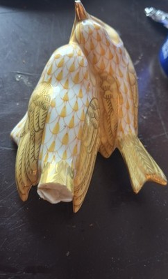Herend Vieux Herend Fishnet Yellow Bird Porcelain Figurines Pair, Hand Painted