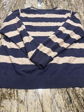 Tommy Hilfiger Sweater Mens L Blue Beige Striped Cotton Rugby Pullover Preppy