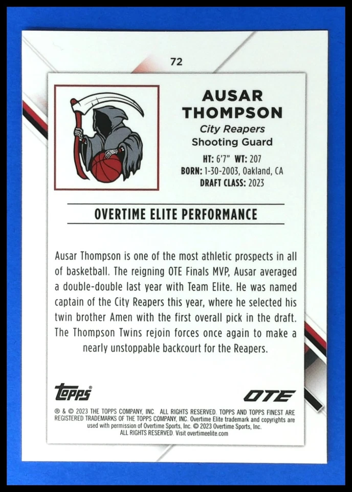 2022-23 Topps Basketball Finest OTE Ausar Thompson Refractor #72 BASKETBALL CARD - Image 2 of 4