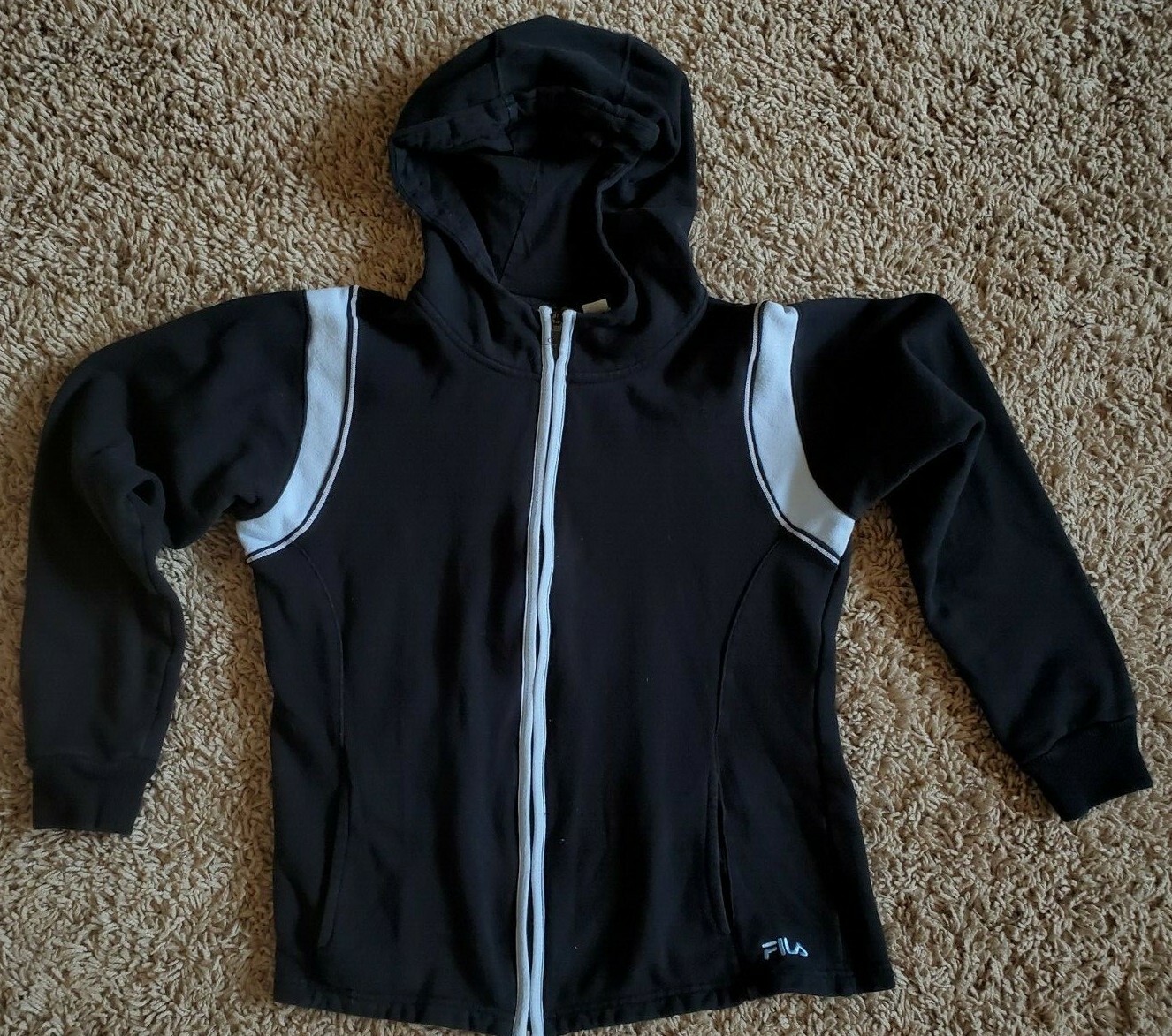 FILA Giacca Donna Spessa Sportiva con Cappuccio Lg Full Zip Nero~Azzurro 4 Tasche