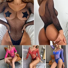 Women Lingerie Fishnet glittering Body Stocking Bodysuit Sexy Babydoll Catsuit L