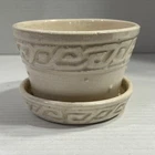 McCoy Mid Century Pottery Ivory White Planter w/Saucer Greek Key 3 3/8”x 4 7/8”