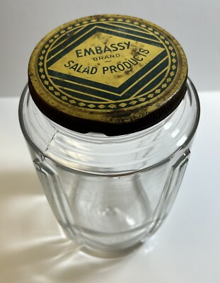 Embassy Brand Salad Products Glass Lidded Jar 6 3/4  x 4 