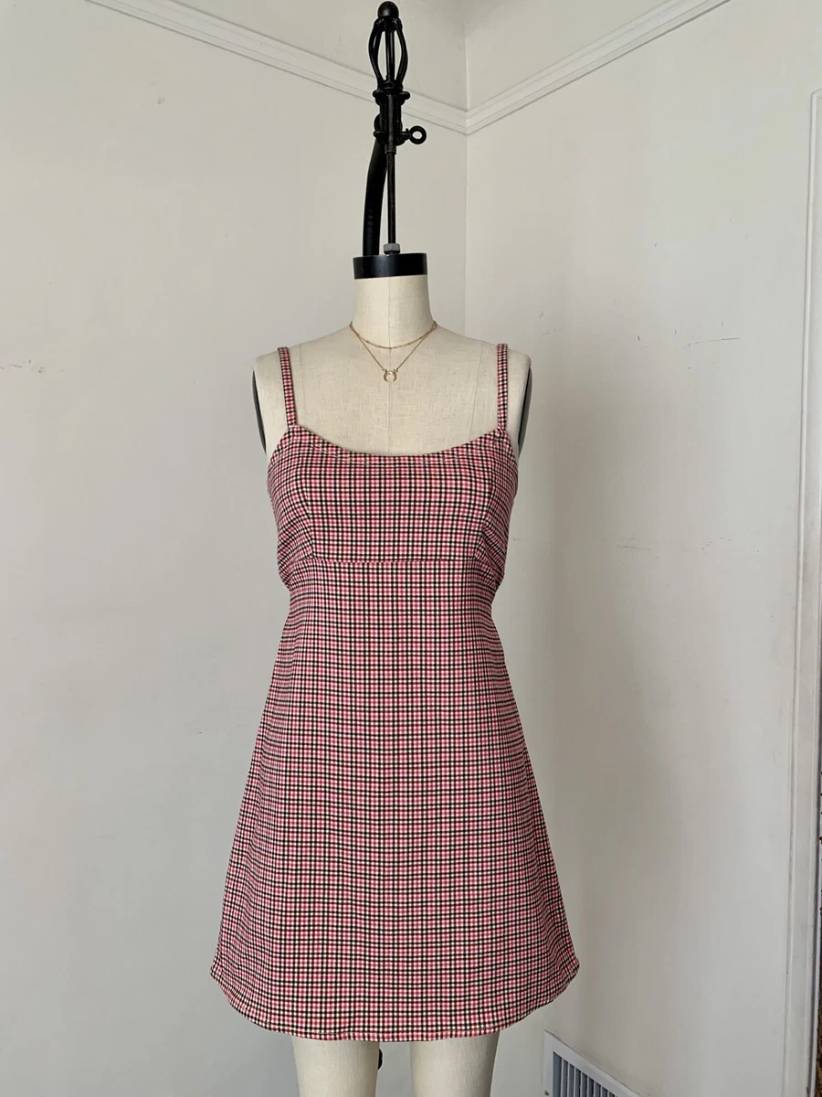 brandy melville pink/black/white plaid self tie Colleen dress NWOT sz S