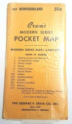 NOS Sealed Vintage 1950's Cram's Modern Series Pocket Map Newfoundland #237 