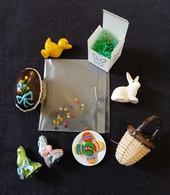 Lot Vtg Easter Items - Choc Egg, Bunnies, Duck, Basket, Box, Jellybeans, Cookies