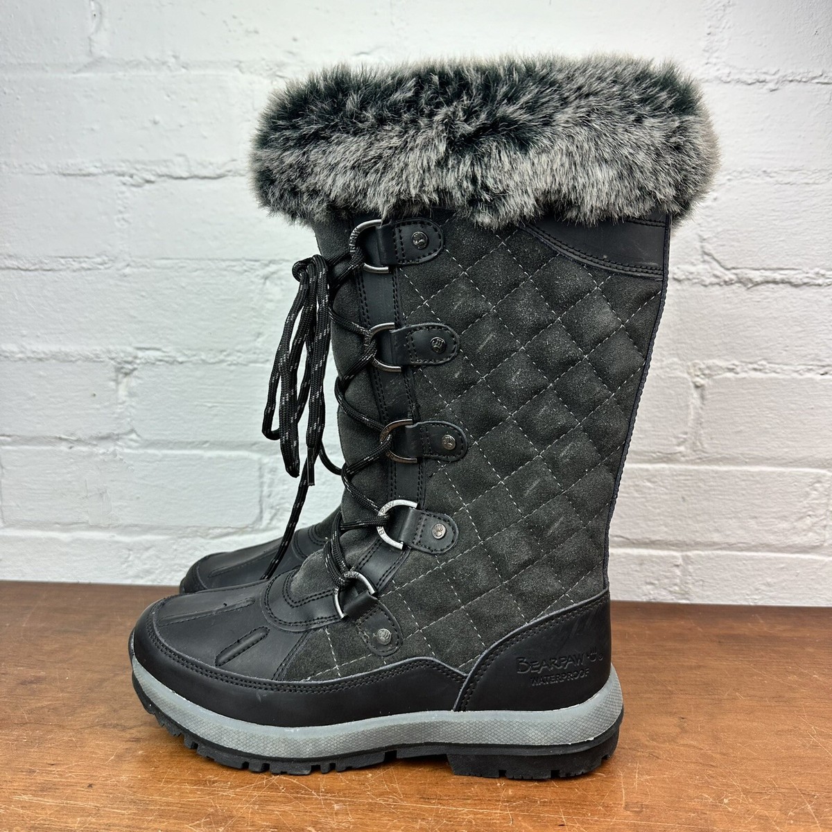 BEARPAW Snow Boots Gwyneth Inside Zip Lace Up M Black Suede Faux Fur Top