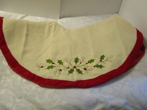 Christmas tree Skirt Tan Linen satin lined Holly leaves with  berries beads 48"w - Afbeelding 1 van 10