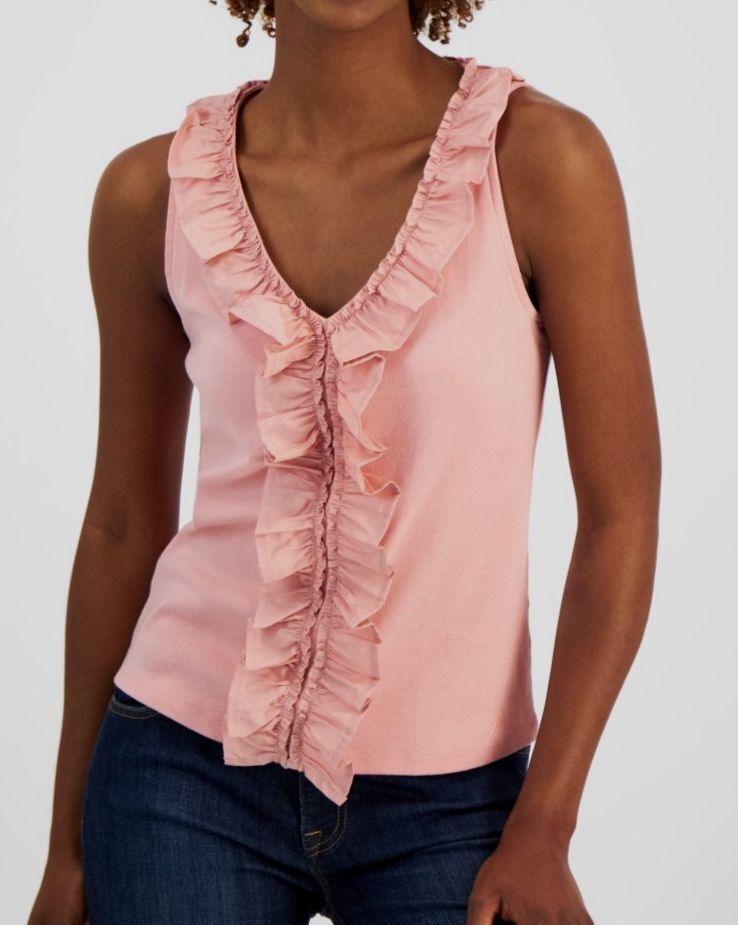 Nautica Jeans Women's Pink Mixed-Media Ruffled Tank Top Size XS