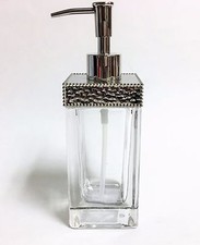 NEW CLEAR GLASS+TEXTURED METAL SILVER METALLIC ACCENT+PUMP LOTION,SOAP DISPENSER