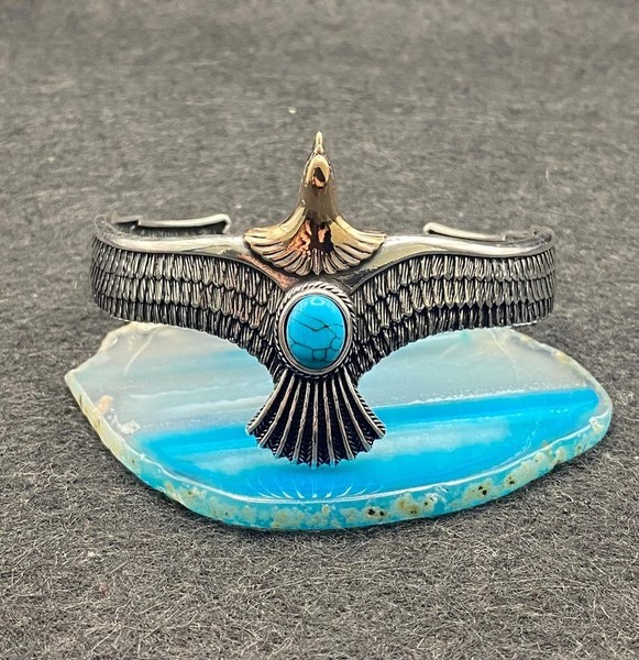 Alternate view of Handcrafted Silver Eagle Cuff Bracelet Turquoise Gold Plated Eagle Head