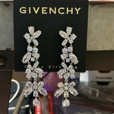 NWT Givenchy Cubic Zirconia Flower Cluster Statement Drop Earrings Silver Tone