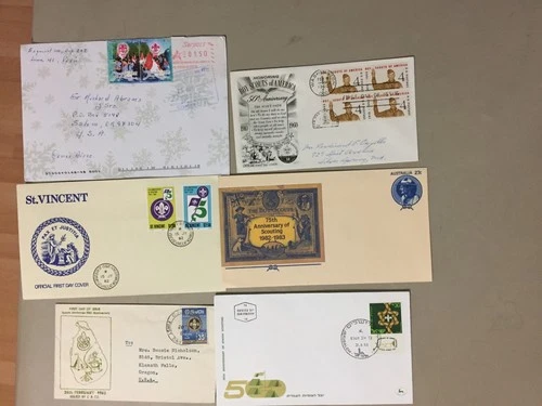 Six SCOUTING covers:fdc,postal stationery:Peru,Ceylon,Australia,US,St Vincent,Is
