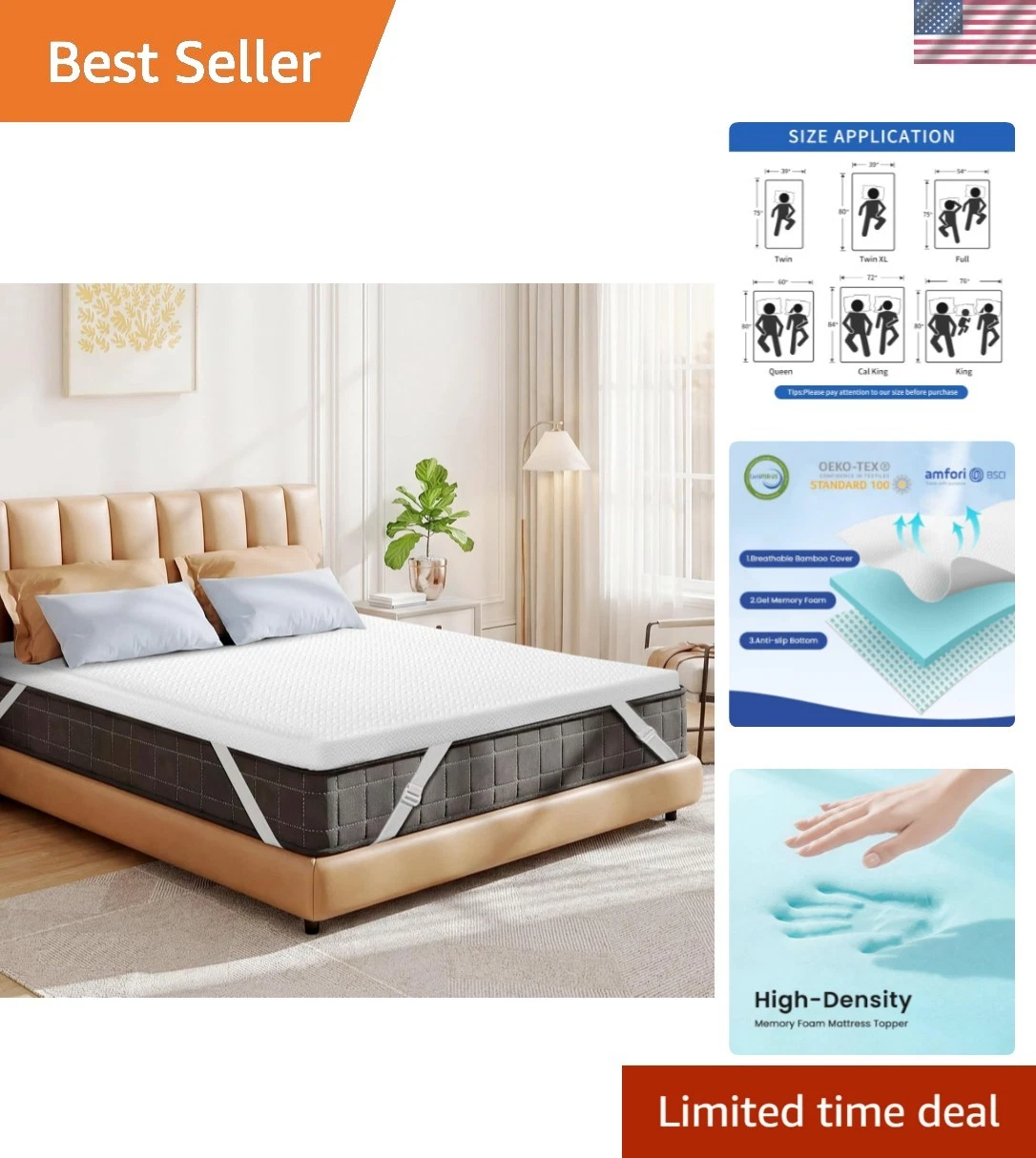 3 Inch Gel Memory Foam Mattress Topper Queen, Cooling Mattress Topper with Re...
