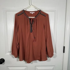 DR2 Blouse Large L Women's Rust With Navy Trim