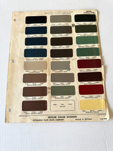 Vintage 1939-1940 Ditzler Buick Paint Color Chips Form 4400 Original PPG