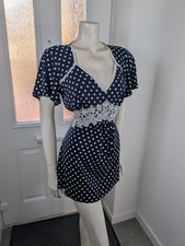 JOANNA HOPE Navy Polka Dot Tea Top Size 12 Lace Crochet Empire Waist Pin Up Boho