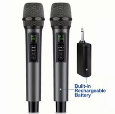 2x Wireless Handheld Karaoke Mics w 6.35mm Receiver Rechargeable Echo Bass