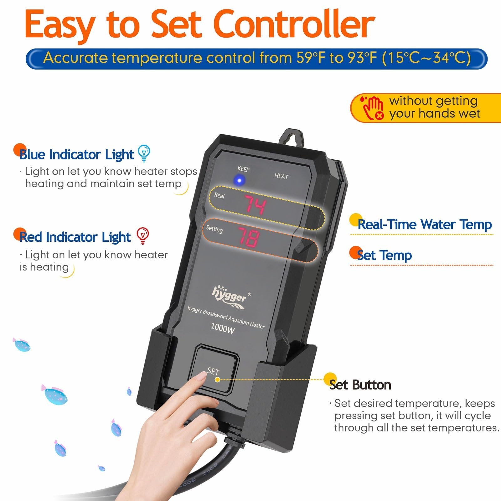 hygger 500W Aquarium Heater with Controller, Adjustable & Submersible Fish Ta...