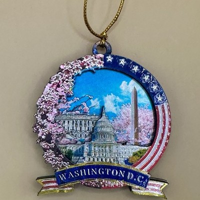 Washington DC Landmark Foil Christmas Ornament with Cherry Blossoms 3-Layer Wood