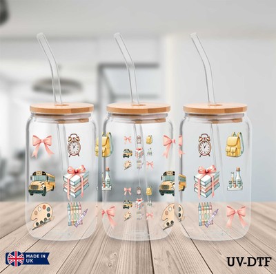 Schulbus und Bleistift UV DTF Aufkleber - 16 Unzen Libbey Dose Glasfolie zs113