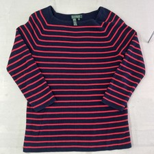 VTG Women  s RALPH LAUREN Rib Knit Striped Sweater Boat Neck Large 3/4 Sleeve